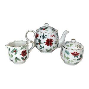 Grace Teaware Poinsettia Holly Christmas Sugar Bowl Creamer Teapot Set Porcelain